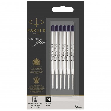 PARKER 6 recharges Quinkflow pour Stylo bille - pointe moyenne - Noires - sous blister