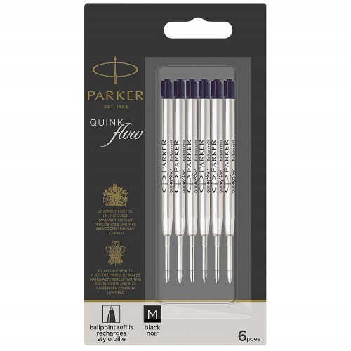 PARKER 6 recharges Quinkflow pour Stylo bille - pointe moyenne - Noires - sous blister