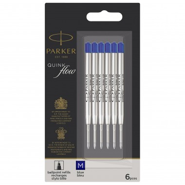 PARKER 6 recharges Quinkflow pour Stylo bille - pointe moyenne - Bleues - sous blister 