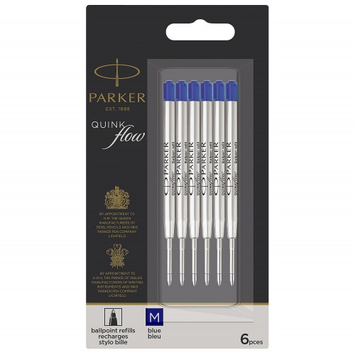 PARKER 6 recharges Quinkflow pour Stylo bille - pointe moyenne - Bleues - sous blister