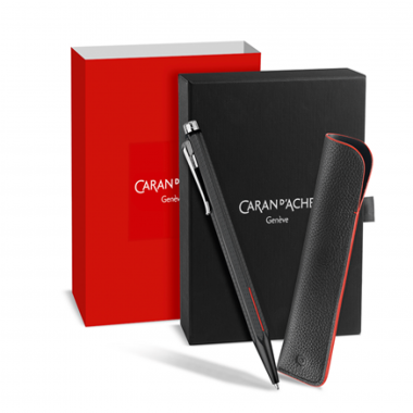 Coffret Stylo Bille avec Etui cuir Ecridor Caran d'Ache "Racing Chromé Noir Mat" - Coffret