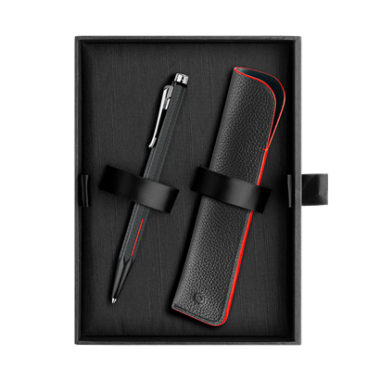 Coffret Stylo Bille avec Etui cuir Ecridor Caran d'Ache "Racing Chromé Noir Mat" - Coffret